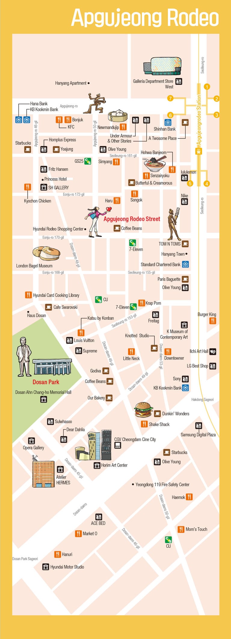 Apgujeong Rodeo detailed travel map — Dosan Park designer shop district