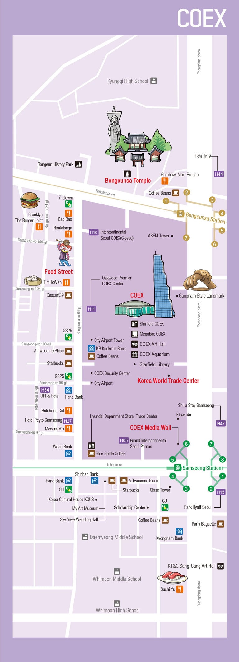 COEX area detailed travel map — Starfield Library, Bongeunsa, Seonjeongneung