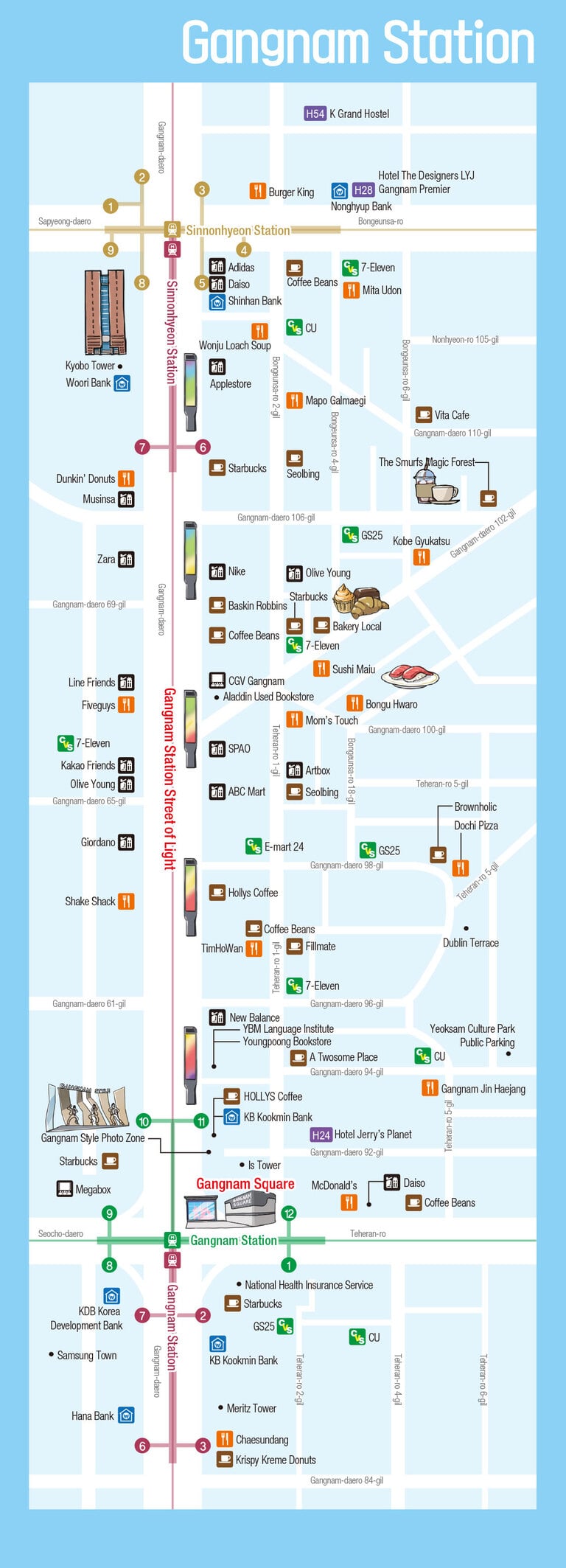 Detailed travel map around Gangnam Station — food and shopping streets