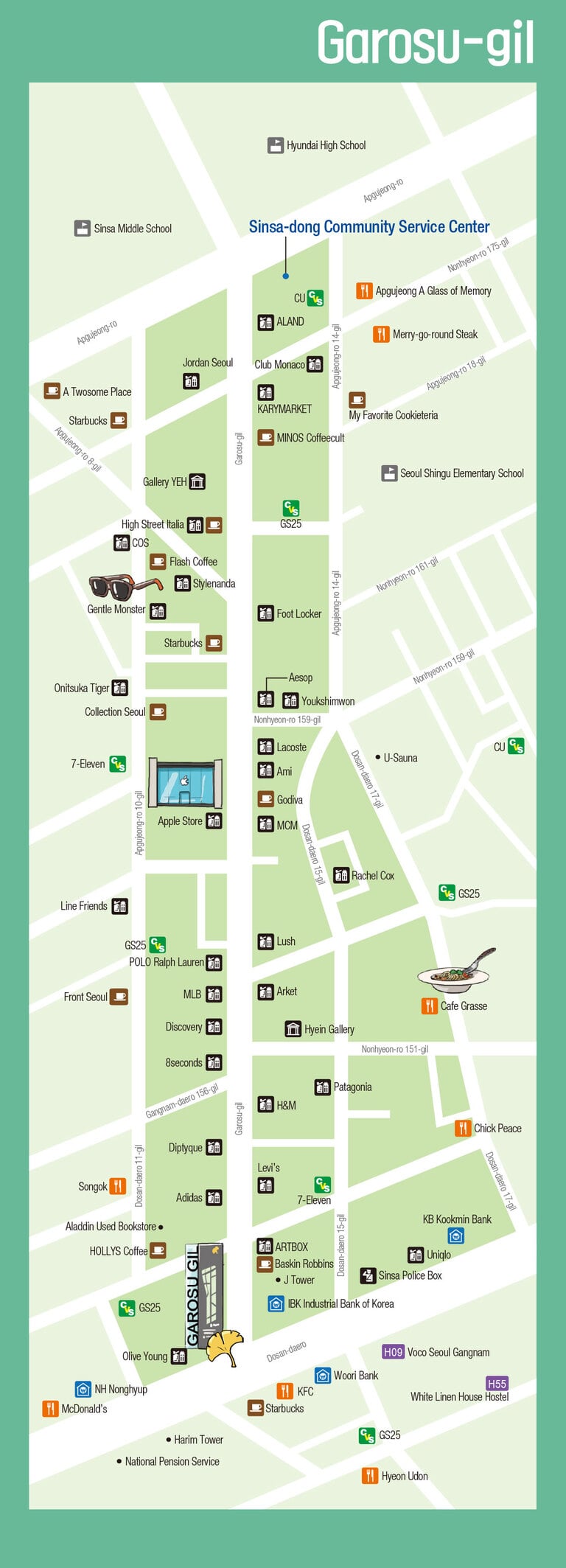Garosu-gil detailed travel map — Sinsa-dong fashion street and cafe district